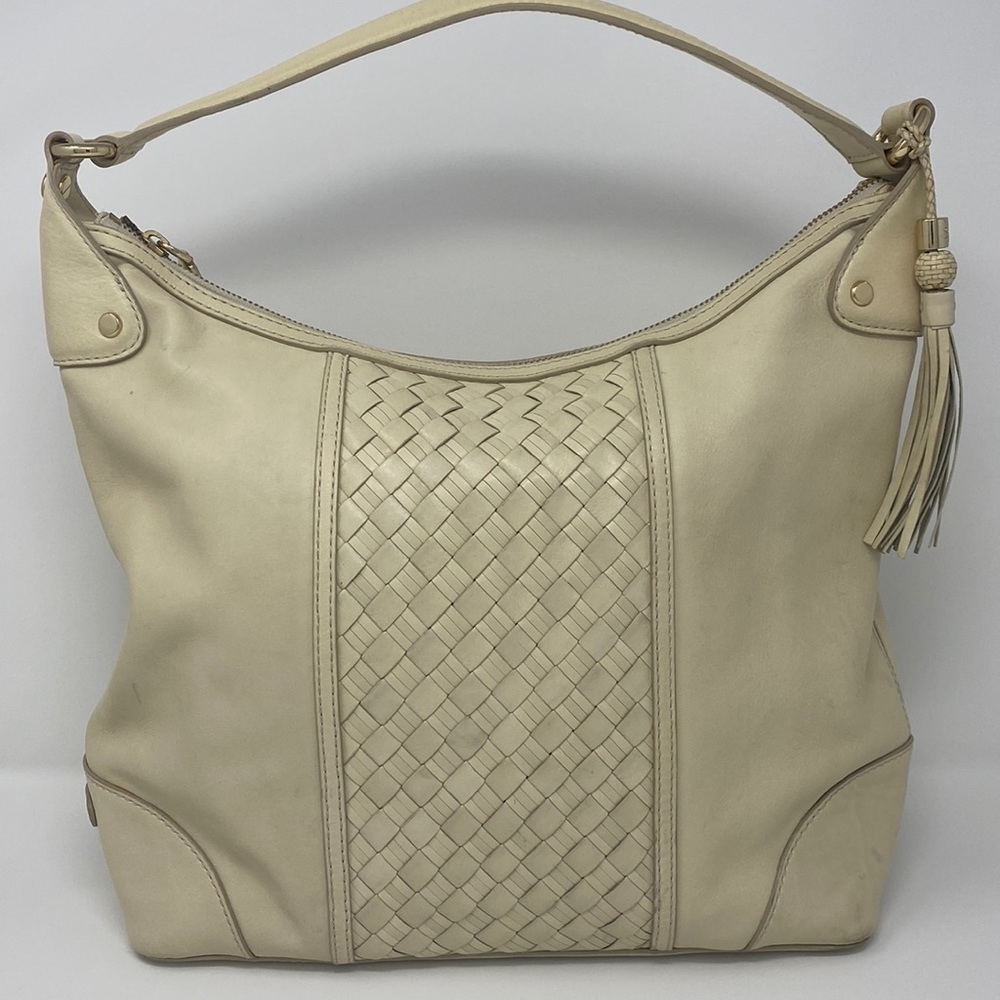 COLE HAAN Classic Leather Woven Panel Shoulder Bag in Cream
